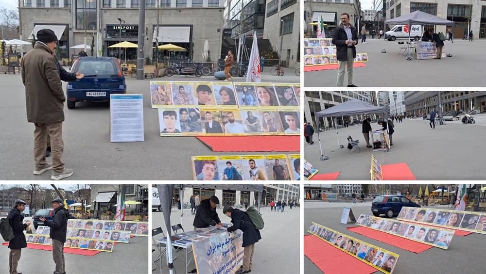 Zurich, Switzerland—March 4, 2024: Freedom-loving Iranians and supporters of the People’s Mojahedin Organization of Iran(PMOI/MEK) organized an exhibition to express support for the Iranian Revolution.