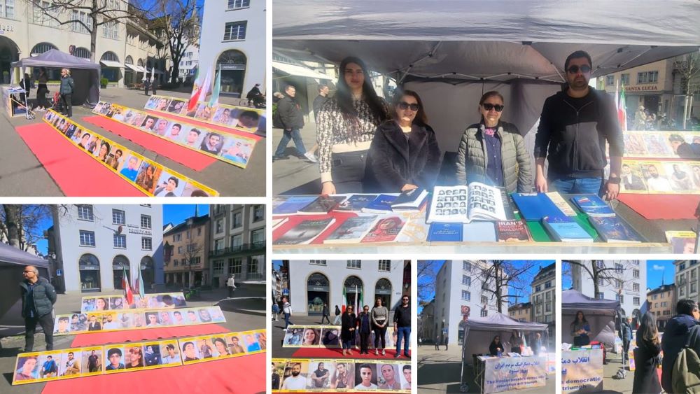Zurich, Switzerland—March 25-26, 2024: Freedom-loving Iranians and supporters of the People’s Mojahedin Organization of Iran(PMOI/MEK) organized an exhibition to express support for the Iranian Revolution.