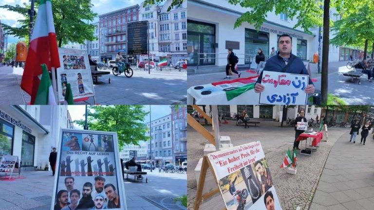 Berlin, Germany—April 17, 2024: Freedom-loving Iranians and supporters of the People’s Mojahedin Organization of Iran (PMOI/MEK) held a book table and exhibition to express solidarity with the Iranian Revolution.