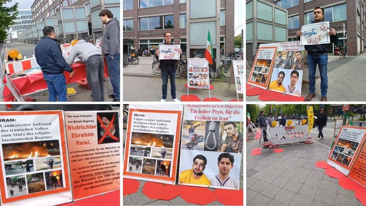 Berlin, Germany—April 24, 2024: Freedom-loving Iranians and supporters of the People’s Mojahedin Organization of Iran (PMOI/MEK) held a book table and exhibition to express solidarity with the Iranian Revolution.