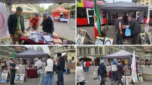 Bern, Switzerland—April 8, 2024: Freedom-loving Iranians and supporters of the People’s Mojahedin Organization of Iran(PMOI/MEK) organized an exhibition to support the Iranian Revolution.