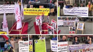 Bremen, Germany—April 13, 2024: Freedom-loving Iranians and supporters of the People’s Mojahedin Organization of Iran (PMOI/MEK) organized a rally and exhibition to express their solidarity with the Iranian Revolution.
