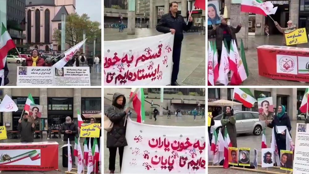 Cologne, Germany—April 24, 2024: Freedom-loving Iranians and supporters of the People’s Mojahedin Organization of Iran (PMOI/MEK) held a rally in solidarity with the Iranian Revolution.