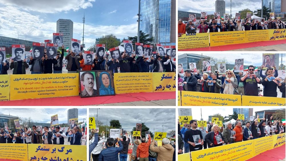 Geneva, Switzerland—April 4, 2024: A gathering of freedom-loving Iranians and supporters of the Iranian Resistance coincided with the 55th Session of the UN Human Rights Council, the approval of extending the mandate of the Special Rapporteur on Human Rights in Iran, and the Fact-Finding Mission (FFM) on Human Rights Violations during the September 2022 uprising in Iran. The gathering was held in front of the United Nations Headquarters.