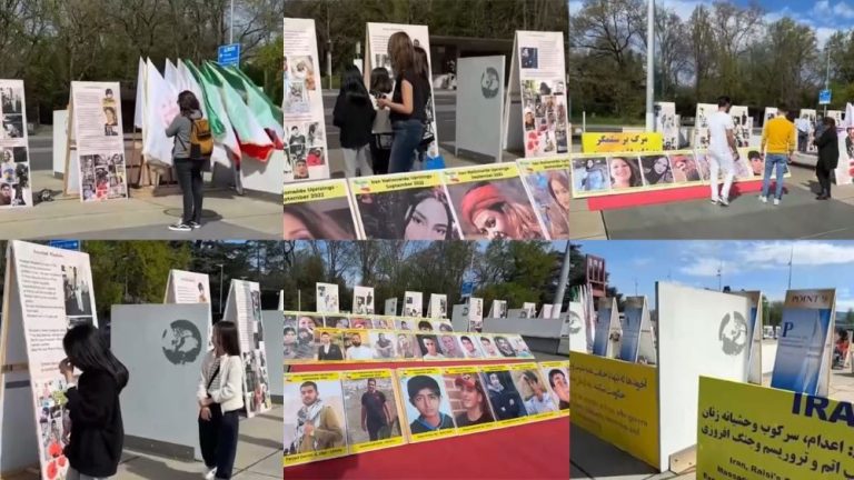 Geneva, Switzerland—April 5, 2024: Freedom-loving Iranians and s supporters of the People’s Mojahedin Organization of Iran (PMOI/MEK) coinciding with the 55th Session of the UN Human Rights Council, organized an exhibition of human rights violations by the mullahs' regime in Iran.