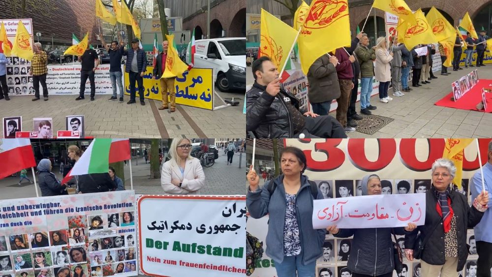 Hamburg, Germany—April 13, 2024: Freedom-loving Iranians and supporters of the People’s Mojahedin Organization of Iran (PMOI/MEK) organized a rally and exhibition to express their solidarity with the Iranian Revolution.