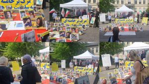 Heidelberg, Germany—April 13, 2024: Freedom-loving Iranians and supporters of the People’s Mojahedin Organization of Iran (PMOI/MEK) organized an exhibition to express solidarity with the Iranian Revolution.