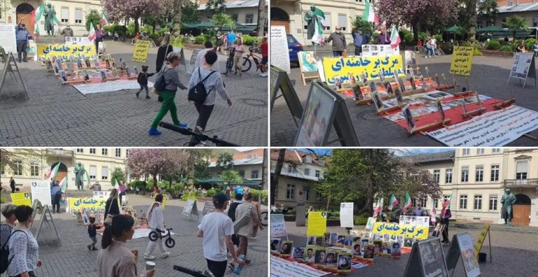 Heidelberg, Germany—April 6, 2024: Freedom-loving Iranians and supporters of the People’s Mojahedin Organization of Iran (PMOI/MEK) organized an exhibition to express solidarity with the Iranian Revolution.