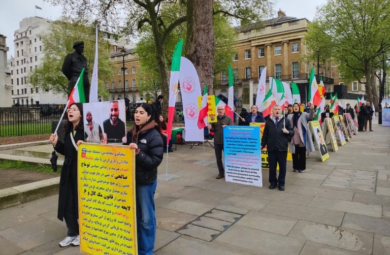 London, England—April 27, 2024: Freedom-loving Iranians and supporters of the People's Mojahedin Organization of Iran (PMOI/MEK) organized a rally outside the Prime Minister's office against the increasing wave of executions by the regime in Iran. They also expressed their solidarity with the Iranian Revolutio and advocated for blacklisting the IRGC.
