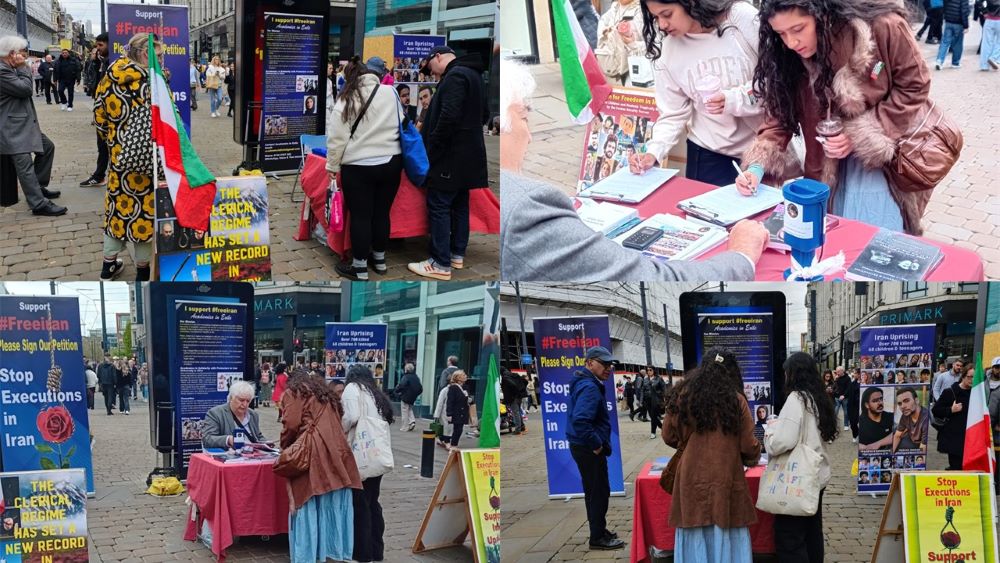 Manchester—April 27, 2024: Freedom-loving Iranians, academics living in England supporting of the People’s Mojahedin Organization of Iran (PMOI/MEK) organized a book exhibition, and petition collection in support of the Iranian Revolution, and advocated for blacklisting the IRGC.