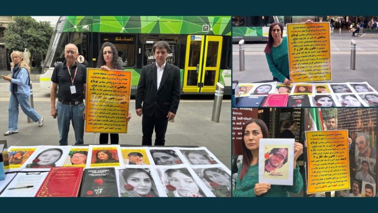 Melbourne, Australia—April 27, 2024: Freedom-loving Iranians and supporters of the People's Mojahedin Organization of Iran (PMOI/MEK) organized an exhibition against the increasing wave of executions by the regime in Iran. They also expressed their solidarity with the Iranian Revolutio and advocated for blacklisting the IRGC.