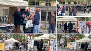 Paris, France—April 19, 2024: Freedom-loving Iranians and supporters of the People's Mojahedin Organization of Iran (PMOI/MEK) organized an exhibition and book display in solidarity with the Iranian Revolution.