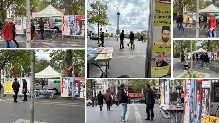 Paris, France—April 26, 2024: Freedom-loving Iranians and supporters of the People's Mojahedin Organization of Iran (PMOI/MEK) organized an exhibition and book display in solidarity with the Iranian Revolution.