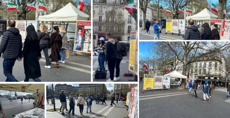 Paris, France—April 3, 2024: Freedom-loving Iranians and supporters of the People’s Mojahedin Organization of Iran (PMOI/MEK) organized an exhibition and book table in solidarity with the Iranian Revolution.