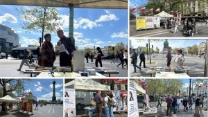 Paris, France—April 12, 2024: Freedom-loving Iranians and supporters of the People’s Mojahedin Organization of Iran (PMOI/MEK) organized an exhibition and book table in solidarity with the Iranian Revolution.
