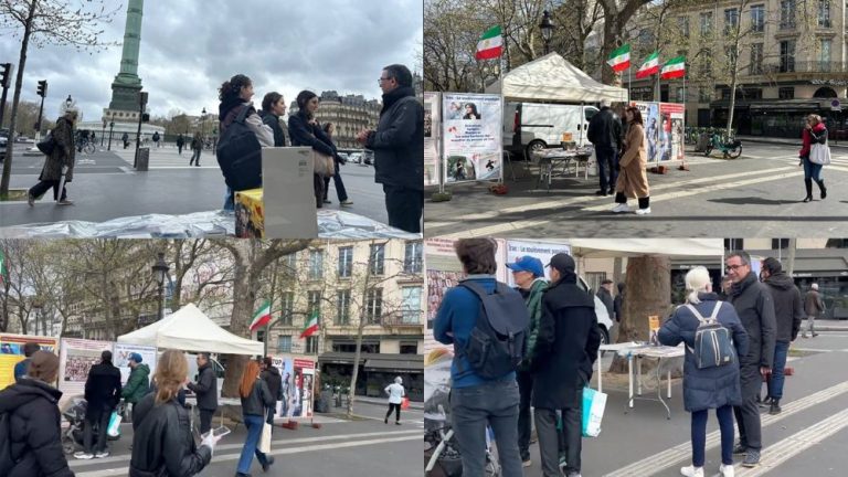 Paris, France—April 2, 2024: Freedom-loving Iranians and supporters of the People’s Mojahedin Organization of Iran (PMOI/MEK) organized an exhibition and book table in solidarity with the Iranian Revolution.