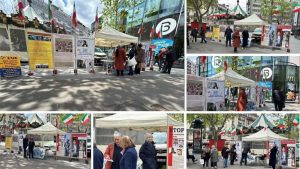 Paris, France—April 25, 2024: Freedom-loving Iranians and supporters of the People's Mojahedin Organization of Iran (PMOI/MEK) organized an exhibition and book display in solidarity with the Iranian Revolution.