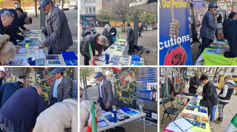 Portsmouth, England—April 2, 2024: Freedom-loving Iranians, and supporters of the People’s Mojahedin Organization of Iran (PMOI/MEK) organized a book exhibition, and petition collection in support of the Iranian Revolution, political prisoners, and to stop torture and executions.