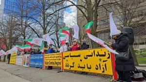 Toronto, Canada—April 13, 2024: Despite snowy and freezing weather, freedom-loving Iranians and supporters of the People’s Mojahedin Organization of Iran (PMOI/MEK) organized a rally to express solidarity with the Iranian Revolution. They called for the designation of the IRGC as a terrorist organization.