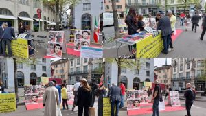 Zurich, Switzerland—April 8, 2024: Freedom-loving Iranians and supporters of the People’s Mojahedin Organization of Iran(PMOI/MEK) organized an exhibition to support the Iranian Revolution.