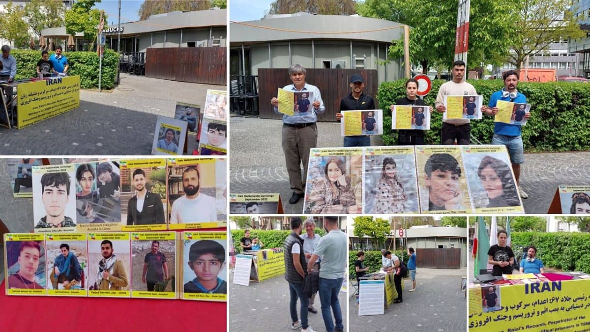 Aarau, Switzerland—April 30, 2024: Freedom-loving Iranians and supporters of the People’s Mojahedin Organization of Iran (PMOI/MEK) organized an exhibition in solidarity with the Iranian Revolution.