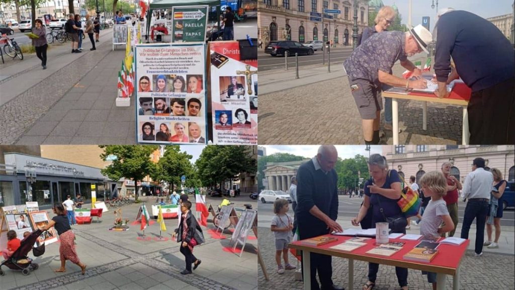 Berlin, Germany—May 23, 2024: Freedom-loving Iranians and supporters of the People’s Mojahedin Organization of Iran (PMOI/MEK) held a rally and exhibition to express solidarity with the Iranian Revolution.