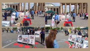 Berlin, Germany—May 5, 2024: Freedom-loving Iranians and supporters of the People’s Mojahedin Organization of Iran (PMOI/MEK) held a book table and exhibition to express solidarity with the Iranian Revolution, while also protesting against the increasing wave of executions by the Iranian regime.