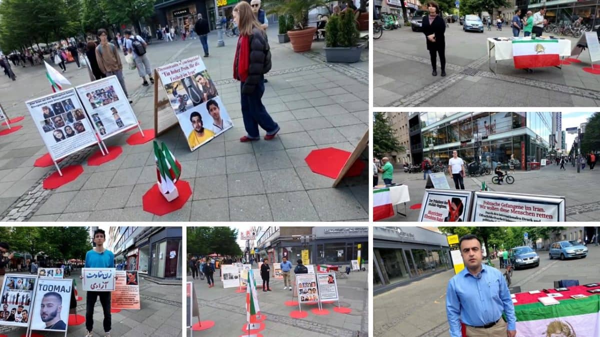 Berlin, Germany—May 8, 2024: Freedom-loving Iranians and supporters of the People’s Mojahedin Organization of Iran (PMOI/MEK) held a book table and exhibition to express solidarity with the Iranian Revolution.
