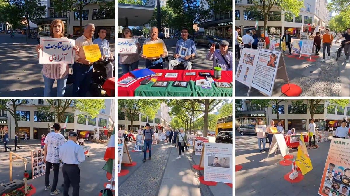 Berlin, Germany—May 15, 2024: Freedom-loving Iranians and supporters of the People’s Mojahedin Organization of Iran (PMOI/MEK) held a rally and exhibition to express solidarity with the Iranian Revolution, while also protesting against the increasing wave of executions by the Iranian regime.