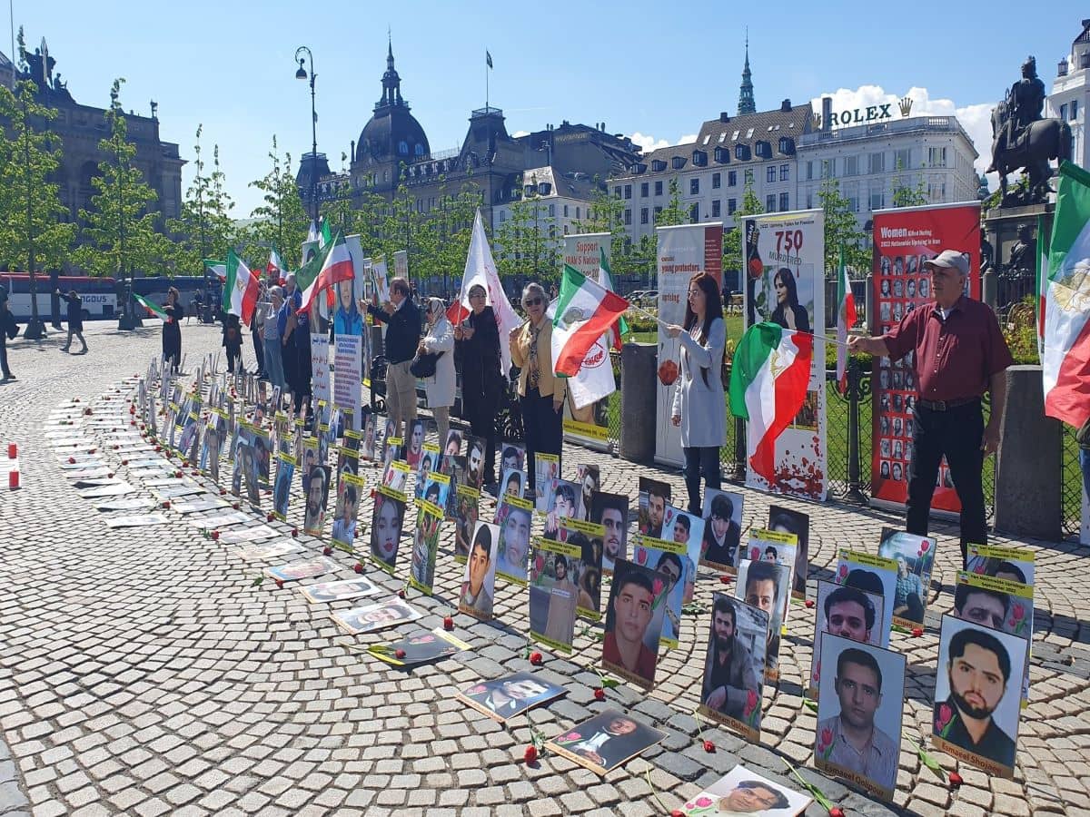 Copenhagen, Denmark—May 11, 2024: Freedom-loving Iranians and supporters of the People’s Mojahedin Organization of Iran (PMOI/MEK) organized a rally and exhibition to express solidarity with the Iranian Revolution, while also protesting against the increasing wave of executions by the Iranian regime.