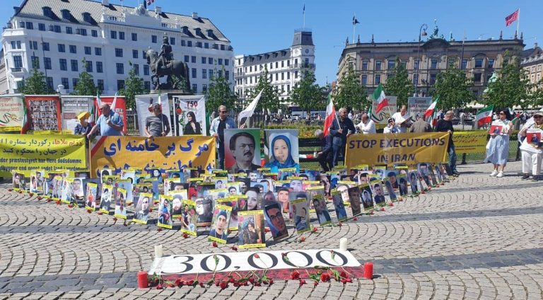 Copenhagen, Denmark—May 18, 2024: Freedom-loving Iranians and supporters of the People’s Mojahedin Organization of Iran (PMOI/MEK) organized a rally and exhibition to express solidarity with the Iranian Revolution, while also protesting against the increasing wave of executions by the Iranian regime.