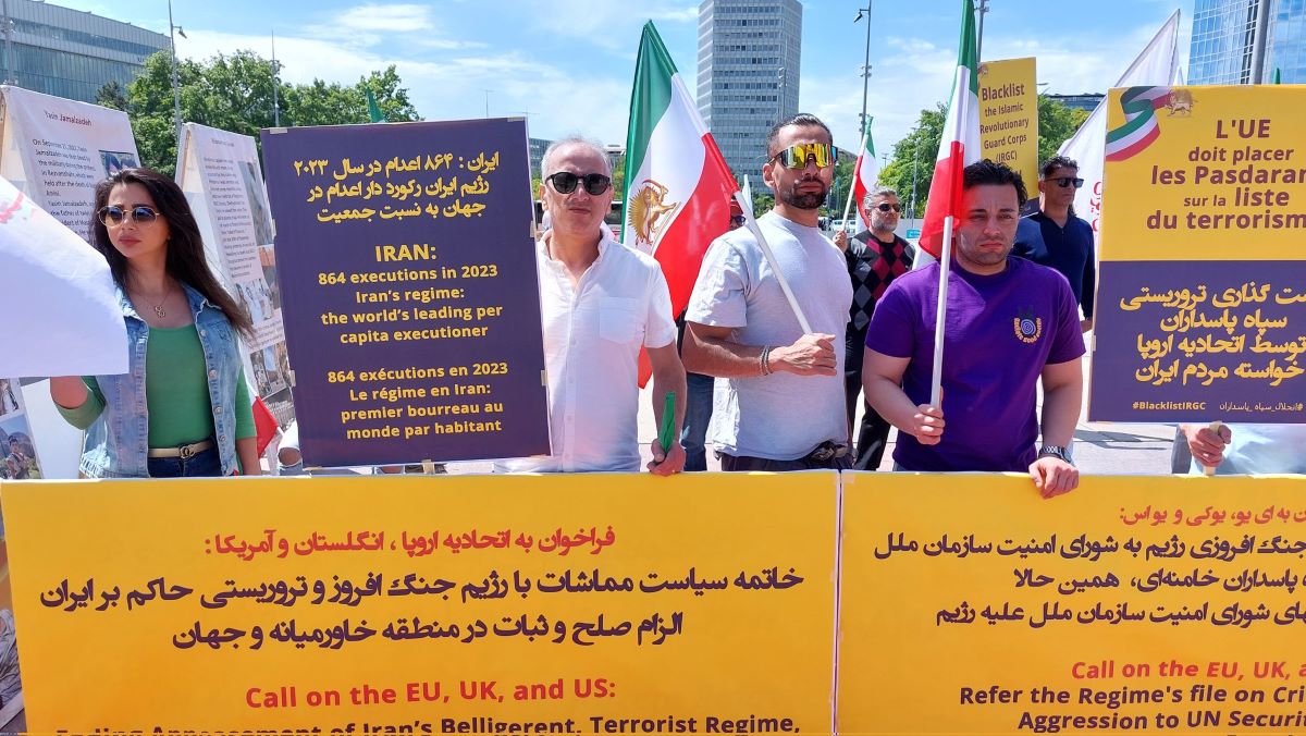 Geneva, Switzerland—May 13, 2024: Coinciding with the United Nations Disarmament Commission (UNODA) session, supporters of the Iranian Resistance (NCRI and MEK) rallied in front of the UN headquarters in Geneva. They protested against policies of appeasing Iran's regime.