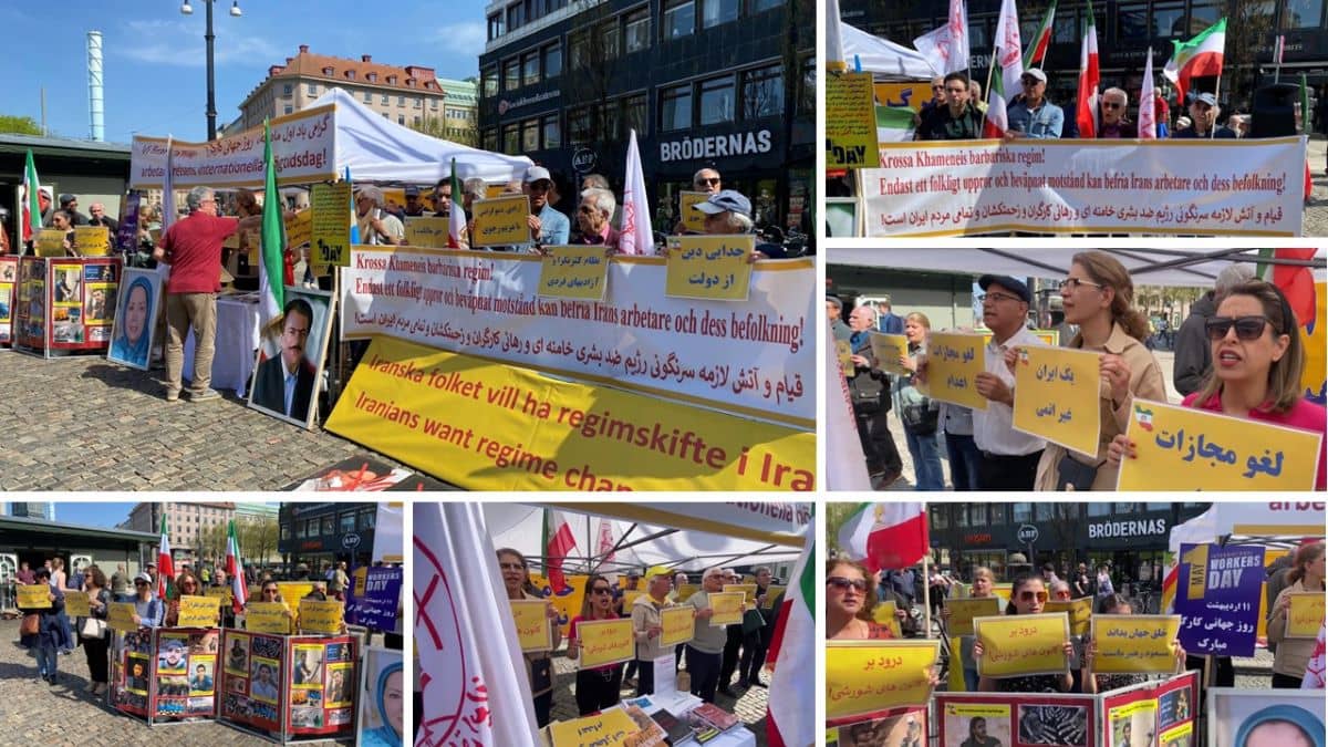 Gothenburg, Sweden—May 1, 2024: Freedom-loving Iranians and supporters of the People’s Mojahedin Organization of Iran (PMOI/MEK) rally on the Occasion of International Workers Day.