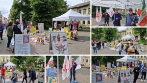 Heidelberg, Germany—May 4, 2024: Freedom-loving Iranians and supporters of the People’s Mojahedin Organization of Iran (PMOI/MEK) held an exhibition to express solidarity with the Iranian Revolution, while also protesting against the increasing wave of executions by the Iranian regime.
