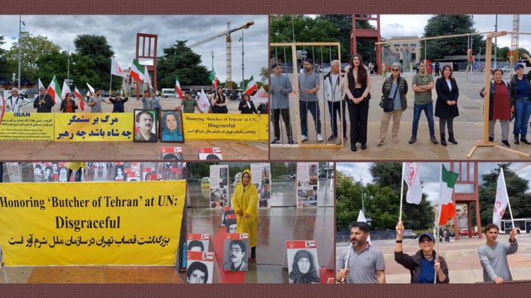 Geneva - May 30, 2024: Freedom-loving Iranians and supporters of the People’s Mojahedin Organization of Iran (PMOI/MEK) organized a rally and exhibition at Nation Square in front of the UN headquarters to commemorate the martyrs of the Iranian people's uprising. They protested against the UN for paying tribute to Ebrahim Raisi for his role in the killing of Iranian youth. 