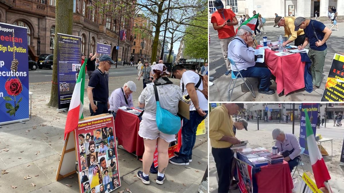 Manchester—May 11, 2024: Freedom-loving Iranians and academics living in England, supporters of the People's Mojahedin Organization of Iran (PMOI/MEK), organized a book exhibition and petition collection to back the Iranian Revolution.