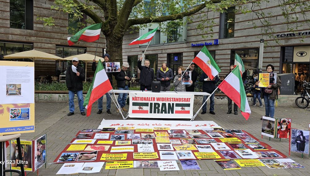 Münster, Germany—May 3, 2024: Freedom-loving Iranians and supporters of the People’s Mojahedin Organization of Iran (PMOI/MEK) held a rally and exhibition to express solidarity with the Iranian Revolution, while also protesting against the increasing wave of executions by the Iranian regime.