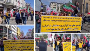 Oslo, Norway—May 1, 2024: Freedom-loving Iranians and supporters of the People’s Mojahedin Organization of Iran (PMOI/MEK) rally on the Occasion of International Workers Day.
