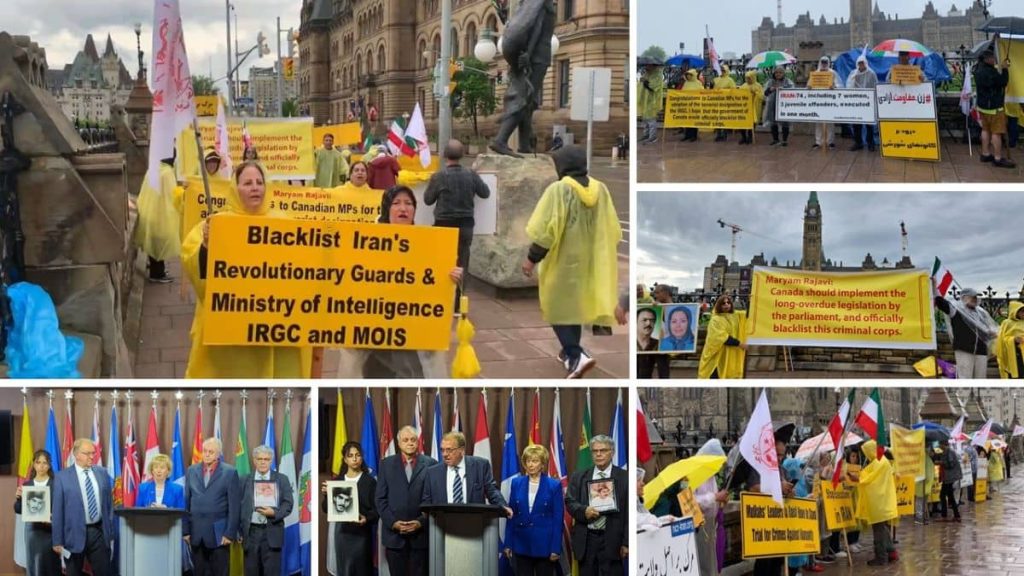 Ottawa, Canada—May 27, 2024: Iranian-Canadian communities, and supporters of the People’s Mojahedin Organization of Iran (PMOI/MEK) held a rally in a rainy weather and urge Canadian Government to implement the House unanimous motion to Blacklist IRGC.