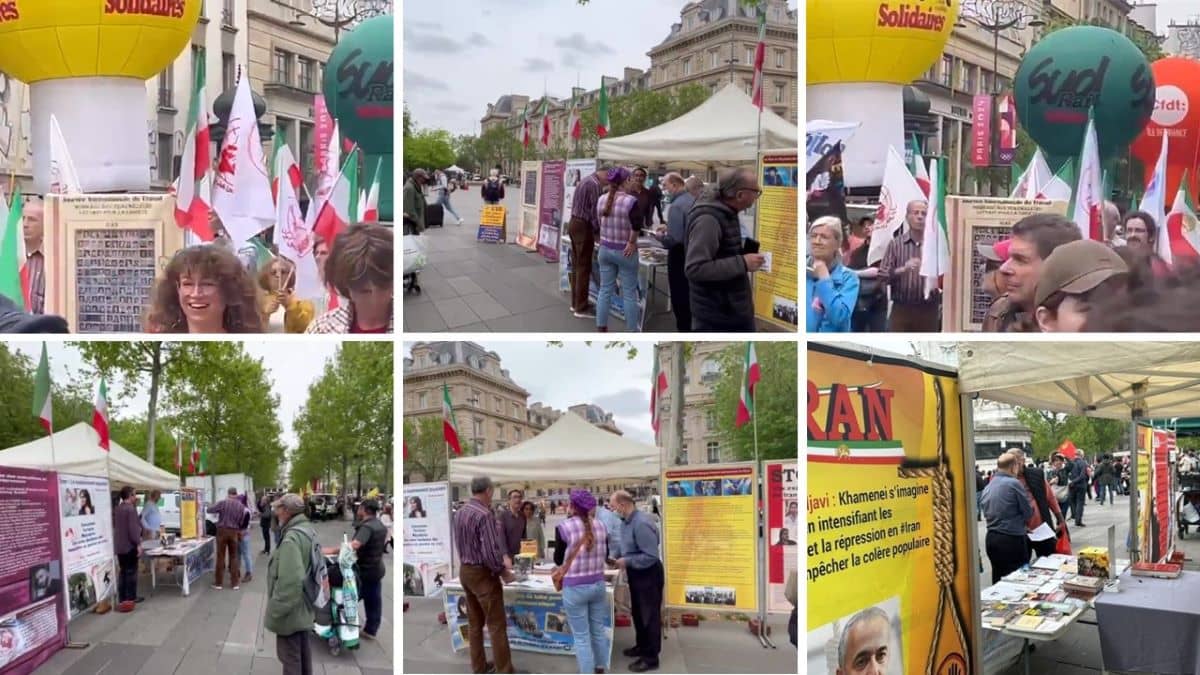 Paris, France—May 1,  2024: Freedom-loving Iranians and supporters of the People’s Mojahedin Organization of Iran (PMOI/MEK) organized an exhibition and rally on the Occasion of International Workers Day. They expressed their solidarity with the Iranian Revolution.
