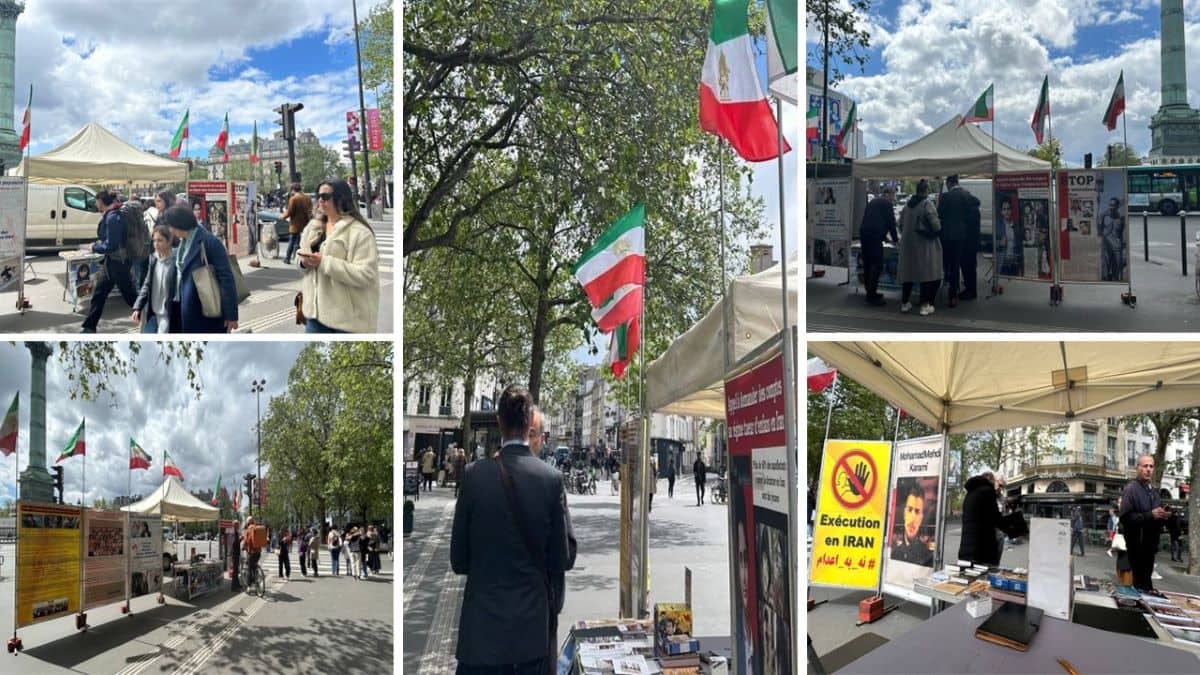Paris, France—May 3, 2024: Freedom-loving Iranians and supporters of the People's Mojahedin Organization of Iran (PMOI/MEK) organized an exhibition and book display in solidarity with the Iranian Revolution, while also protesting against the increasing wave of executions by the Iranian regime.