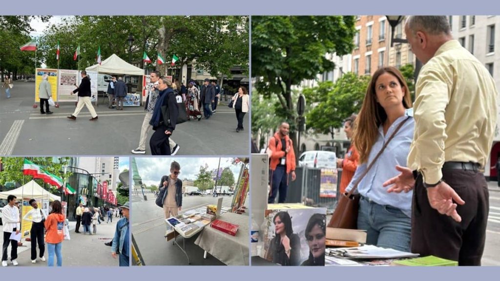 Paris, France—May 23-24, 2024: Freedom-loving Iranians and supporters of the People's Mojahedin Organization of Iran (PMOI/MEK) organized an exhibition and book display.  This event was held in solidarity with the Iranian Revolution and as a protest against the increasing wave of executions carried out by the Iranian regime.