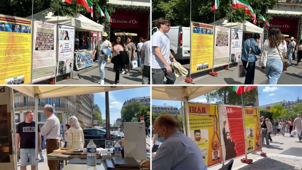 Paris, France—May 11, 2024: Freedom-loving Iranians and supporters of the People's Mojahedin Organization of Iran (PMOI/MEK) organized an exhibition and book display in solidarity with the Iranian Revolution, while also protesting against the increasing wave of executions by the Iranian regime.