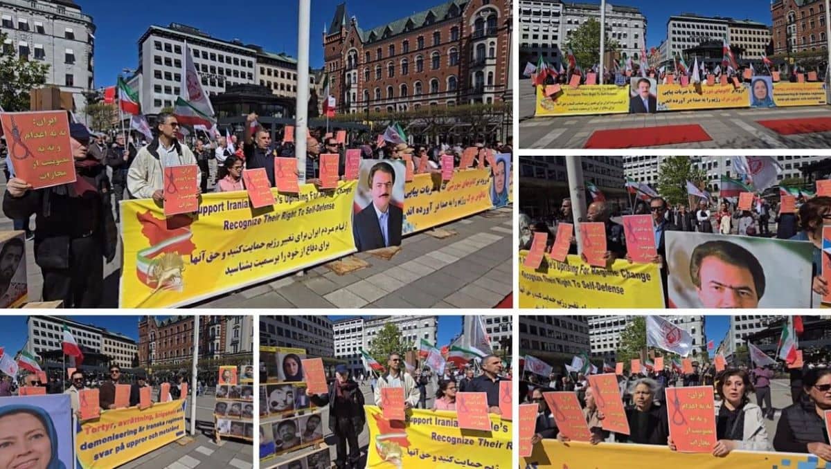 Stockholm, Sweden—May 11, 2024: Freedom-loving Iranians and supporters of the People’s Mojahedin Organization of Iran (PMOI/MEK) organized a rally to express support for the Iranian Revolution, while also protesting against the increasing wave of executions by the Iranian regime.