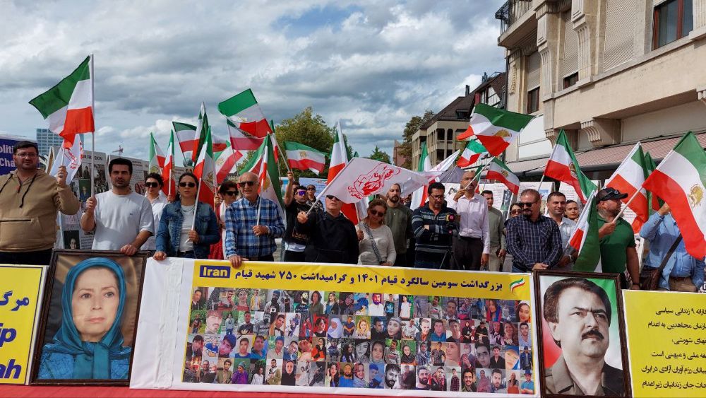 MEK supporters rally in Basel on Sept 13, 2025, honoring the 2022 uprising and calling for freedom and democracy in Iran.