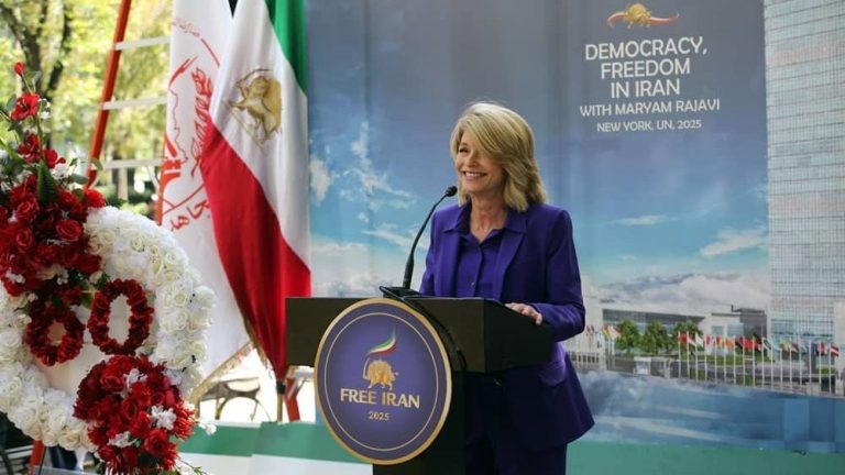 Former U.S. Ambassador to Denmark Carla Sands speaks at the Iranian Resistance rally in New York City on September 23, 2025.