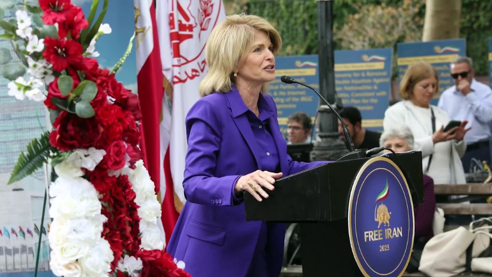 Former U.S. Ambassador to Denmark Carla Sands speaks at the Iranian Resistance rally in New York City on September 23, 2025.