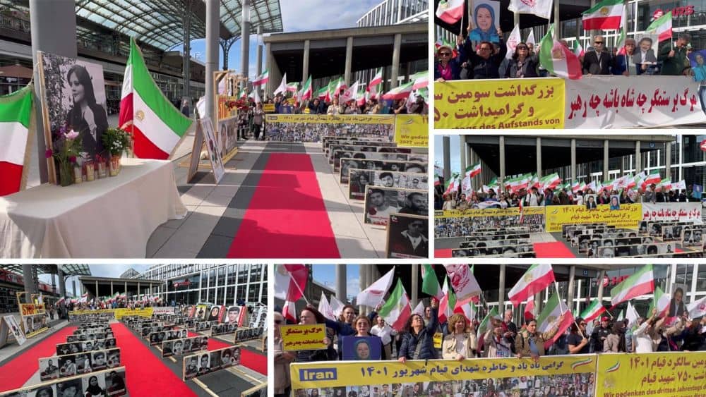 MEK supporters rally in Cologne on Sept 13, 2025, honoring the 2022 uprising and calling for freedom and democracy in Iran.