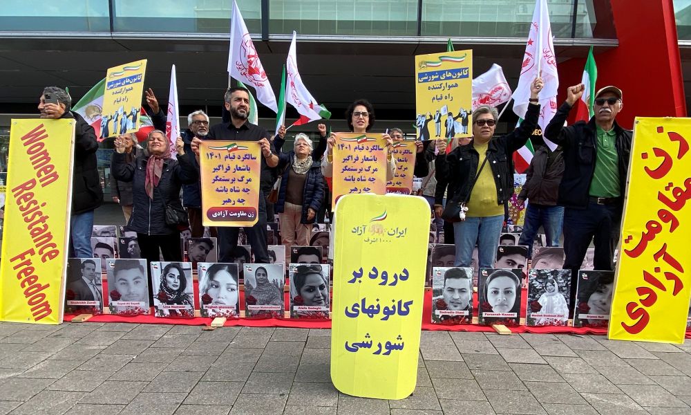 MEK supporters rally in Hamburg on Sept 17, 2025, honoring the 2022 uprising and calling for freedom and democracy in Iran.