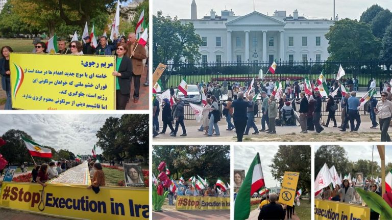 Iranian Americans rally outside the White House urging U.S. action against Iran executions and support for democratic change.